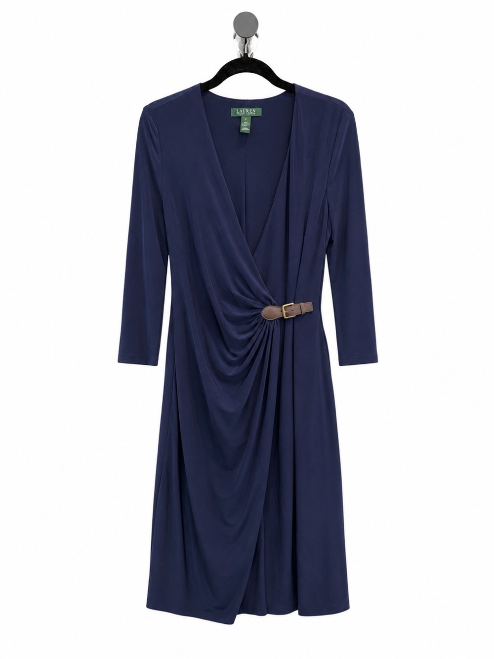 Lauren Ralph Lauren Navy Faux-Wrap Long Sleeve Dress with Brown Belt Accent